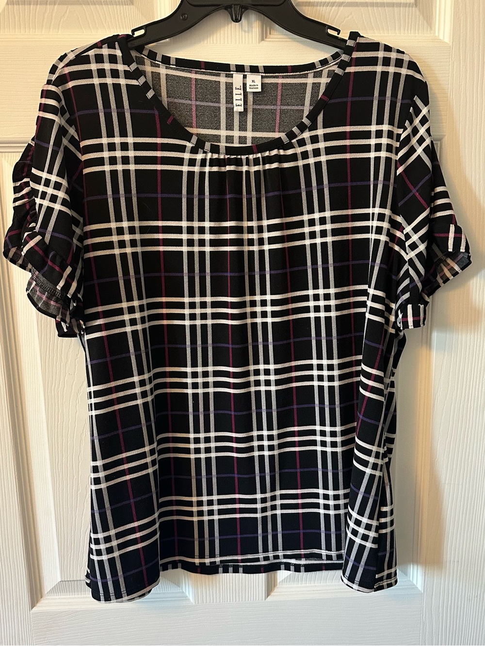 Elle Black Plaid Short-Sleeve Blouse with White and Purple Lines